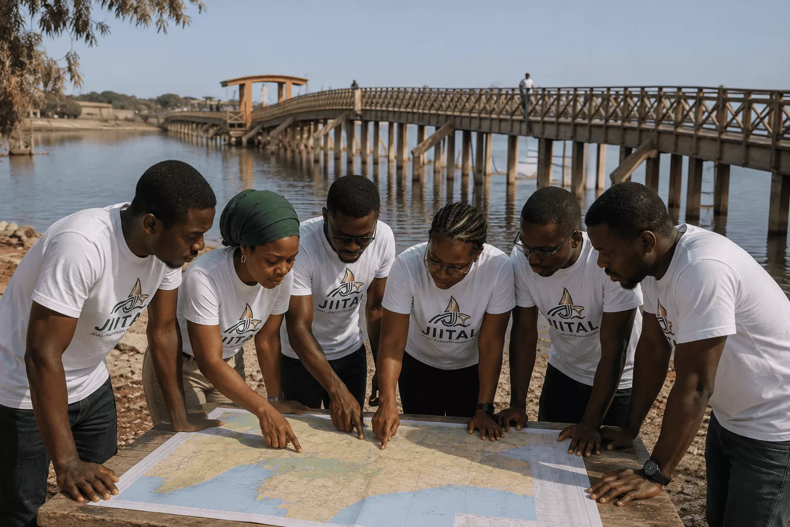 Habitantes et habitants de Joal-Fadiouth Ngazobil réunis autour d’une carte de la commune, au bord de l’eau.